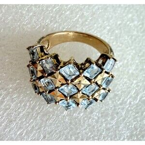 PAJ Signed 925 Sterling Silver Gold Vermeil Ice Blue Topaz Checkered Band Ring 6